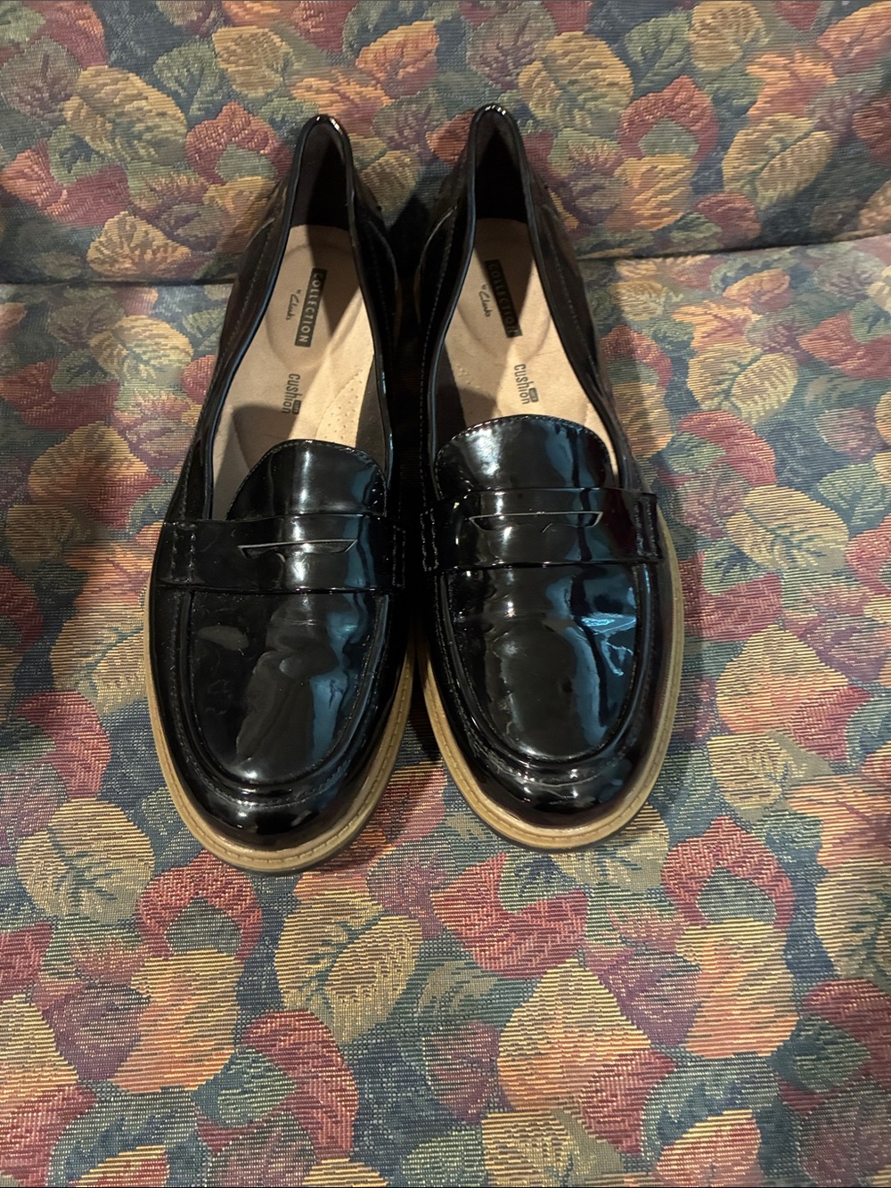 Clarks Black Patent Leather Penny Loafers with Tan Sole